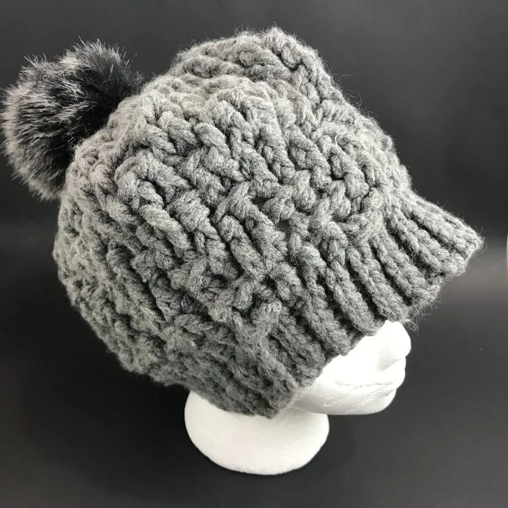 Grey, Blend, handknit beanie with Pom